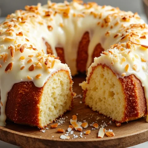 A moist coconut bundt cake topped with creamy white frosting and toasted coconut flakes, displayed on a wooden cake stand with a slice removed to show the soft interior.