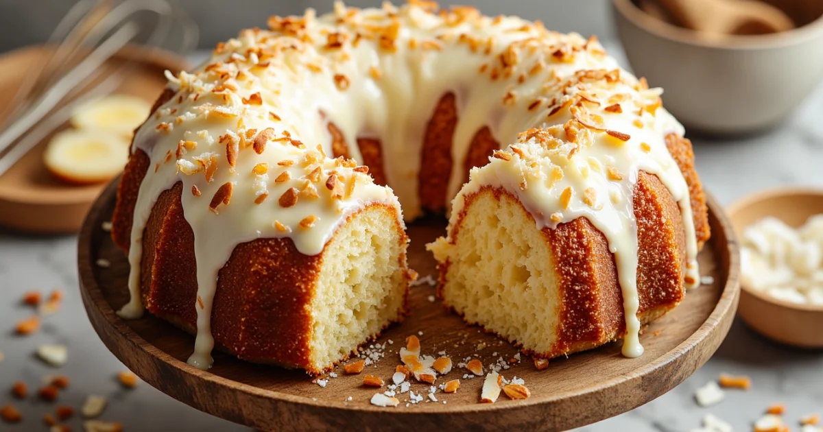 A moist coconut bundt cake topped with creamy white frosting and toasted coconut flakes, displayed on a wooden cake stand with a slice removed to show the soft interior.