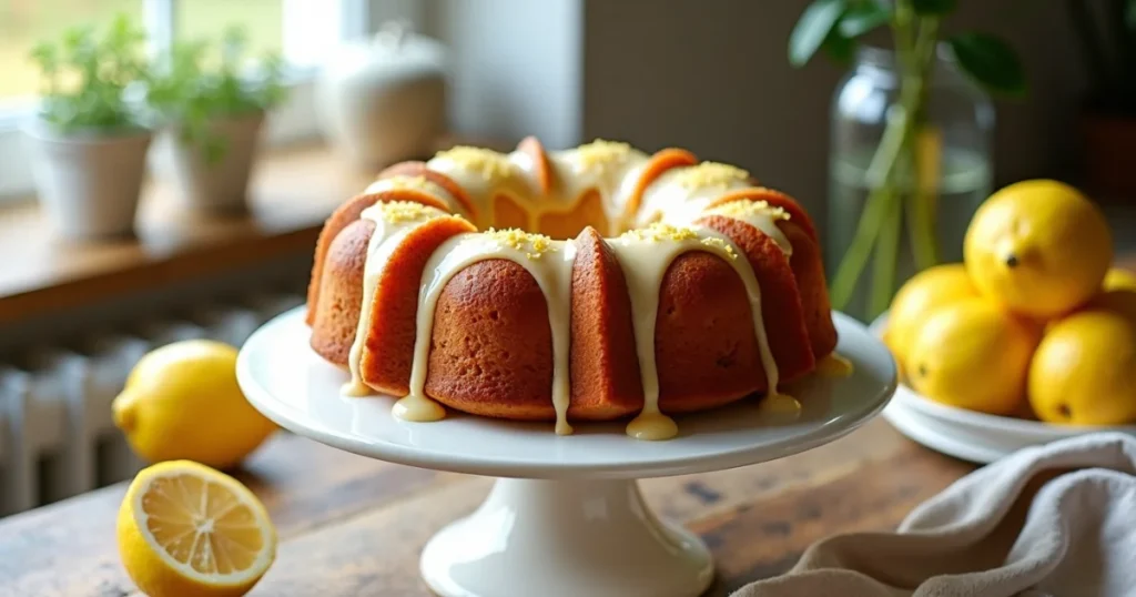 Moist lemon bundt cake on a white cake stand, topped with lemon glaze and zest, surrounded by fresh lemons on a rustic wooden table in a sunlit kitchen.