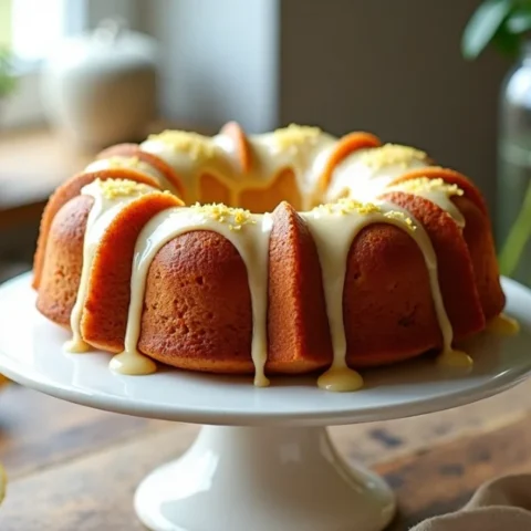 Moist lemon bundt cake on a white cake stand, topped with lemon glaze and zest, surrounded by fresh lemons on a rustic wooden table in a sunlit kitchen.