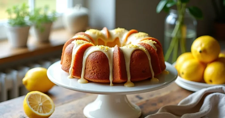 Moist lemon bundt cake on a white cake stand, topped with lemon glaze and zest, surrounded by fresh lemons on a rustic wooden table in a sunlit kitchen.