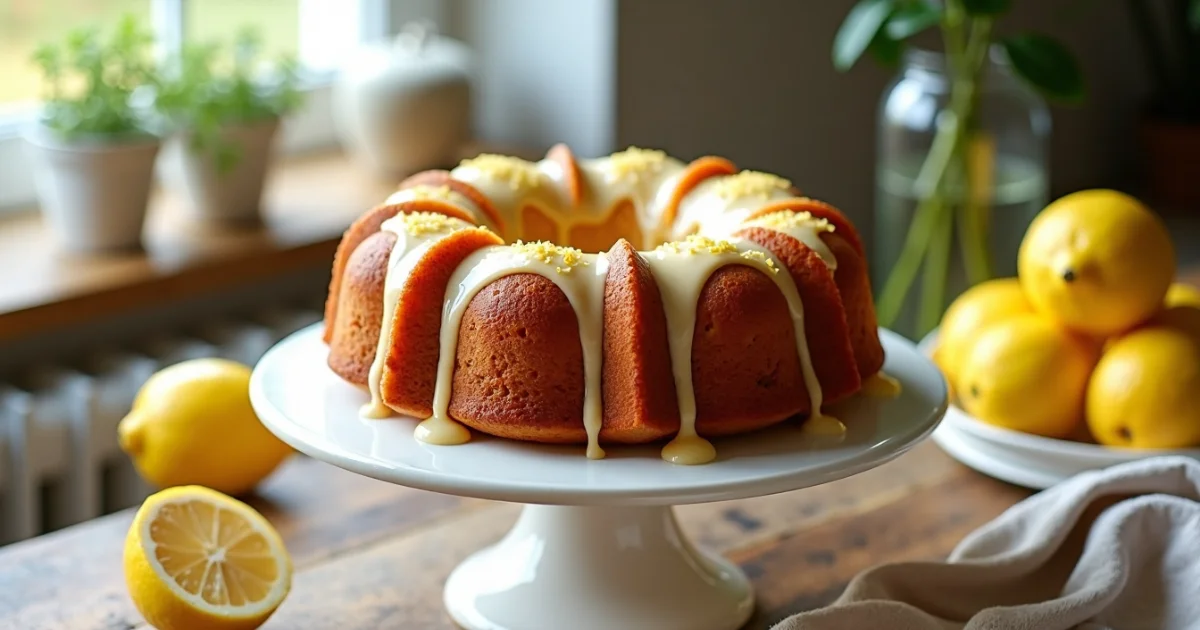 Moist lemon bundt cake on a white cake stand, topped with lemon glaze and zest, surrounded by fresh lemons on a rustic wooden table in a sunlit kitchen.