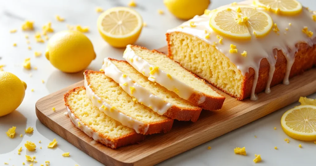 Moist lemon loaf cake topped with lemon glaze and lemon slices, served on a wooden board with fresh lemons in the background.