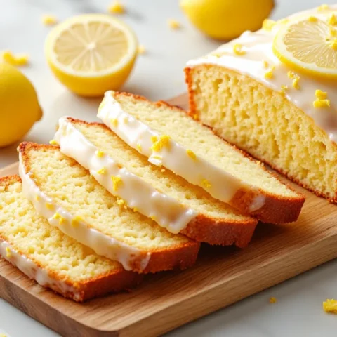 Moist lemon loaf cake topped with lemon glaze and lemon slices, served on a wooden board with fresh lemons in the background.