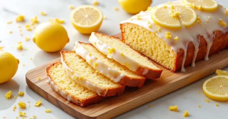Moist lemon loaf cake topped with lemon glaze and lemon slices, served on a wooden board with fresh lemons in the background.