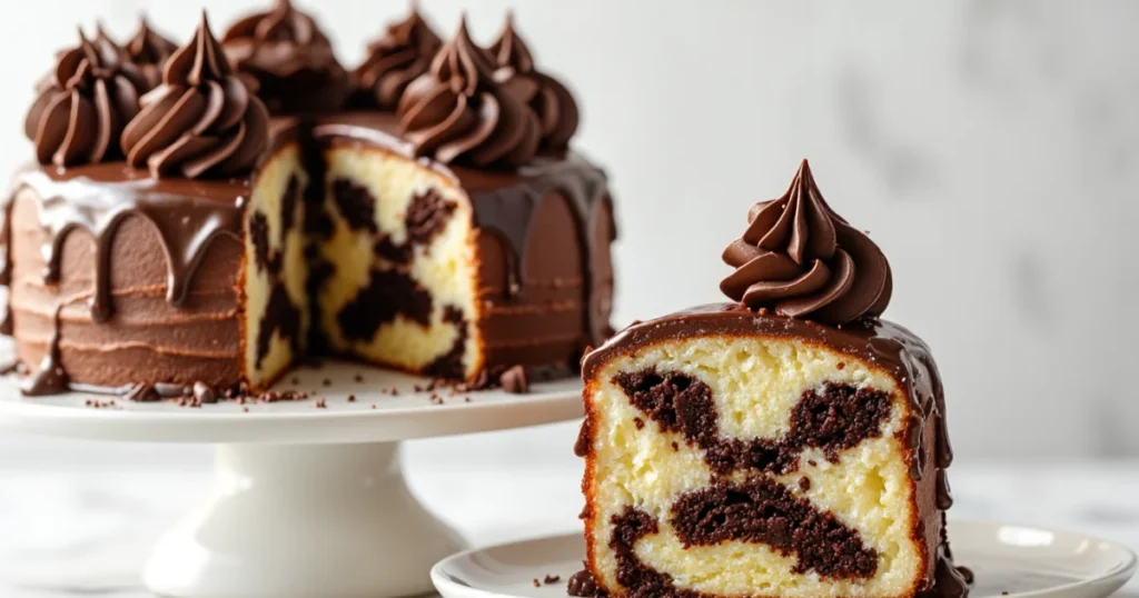 A slice of marble cake showing a clear swirl of chocolate and vanilla layers, topped with rich chocolate buttercream frosting. The full frosted layer cake is in the background on a white cake stand.