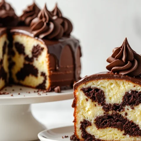 A slice of marble cake showing a clear swirl of chocolate and vanilla layers, topped with rich chocolate buttercream frosting. The full frosted layer cake is in the background on a white cake stand.