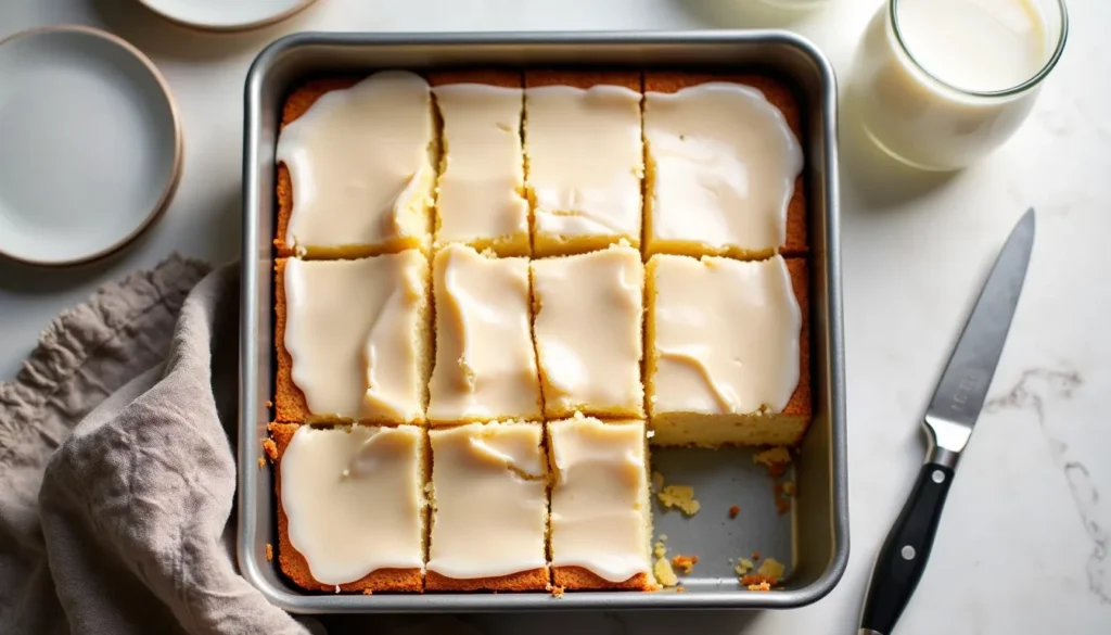Top down view of an old-fashioned vanilla snack cake in an 8x8 pan, sliced into squares and covered with shiny glaze.