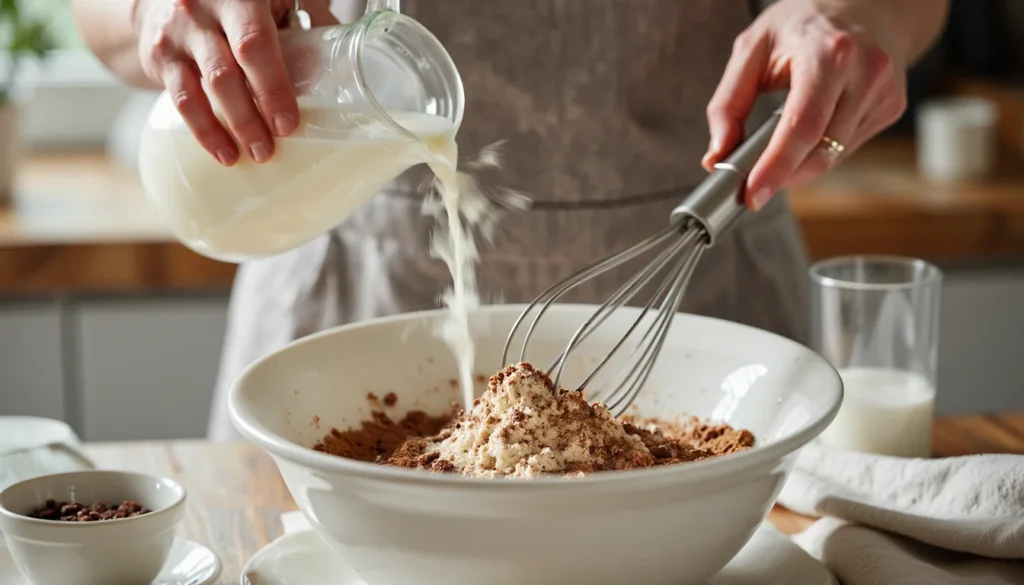 Pouring oil egg and buttermilk into bowl of dry ingredients for one bowl chocolate cake