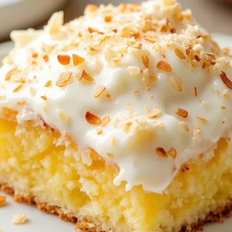A single square slice of pineapple coconut poke cake topped with whipped cream and toasted coconut, served on a white plate with a fork.