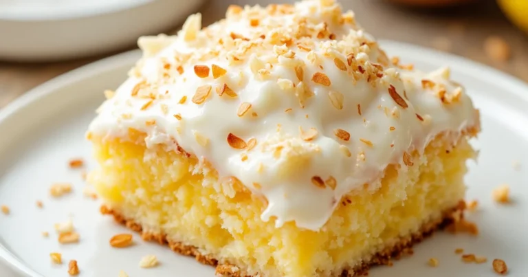 A single square slice of pineapple coconut poke cake topped with whipped cream and toasted coconut, served on a white plate with a fork.