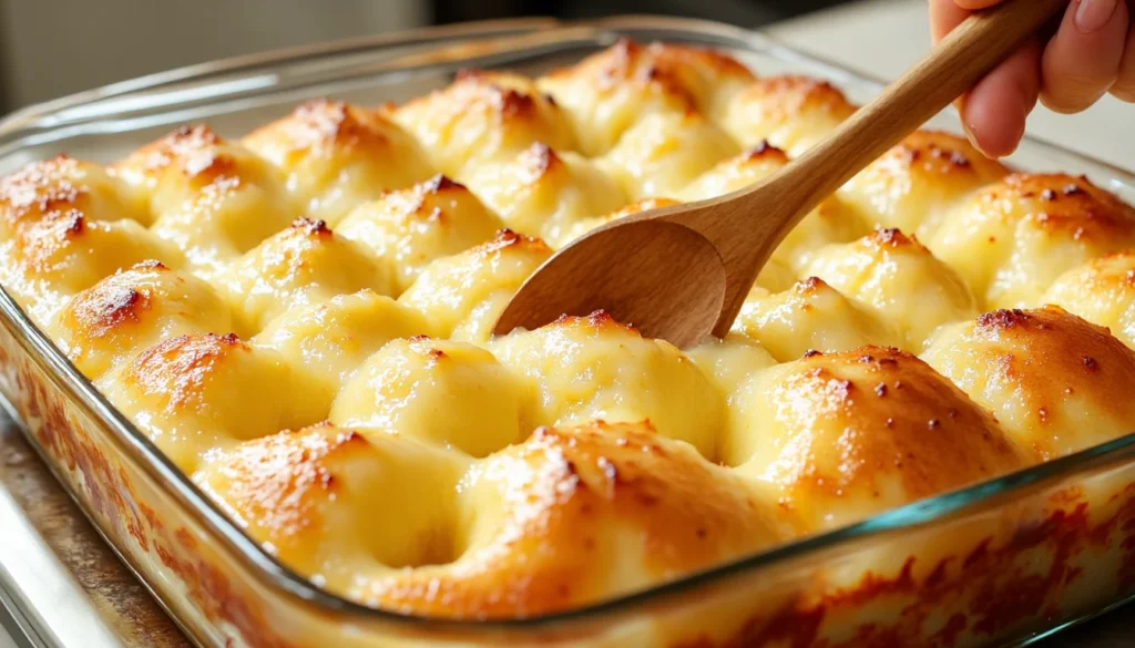 Hand using a wooden spoon handle to poke rows of holes into a freshly baked yellow cake in a glass pan.