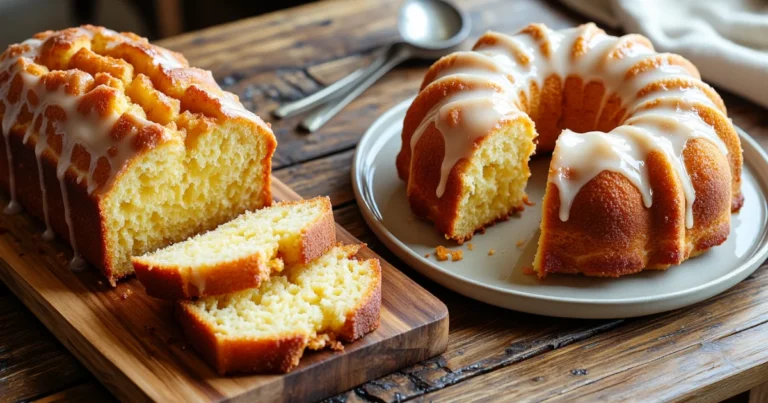 Side‑by‑side photo of a glazed loaf pound cake and an airy vanilla‑glazed Bundt cake on a rustic wooden table, illustrating the visual differences between the two cakes.