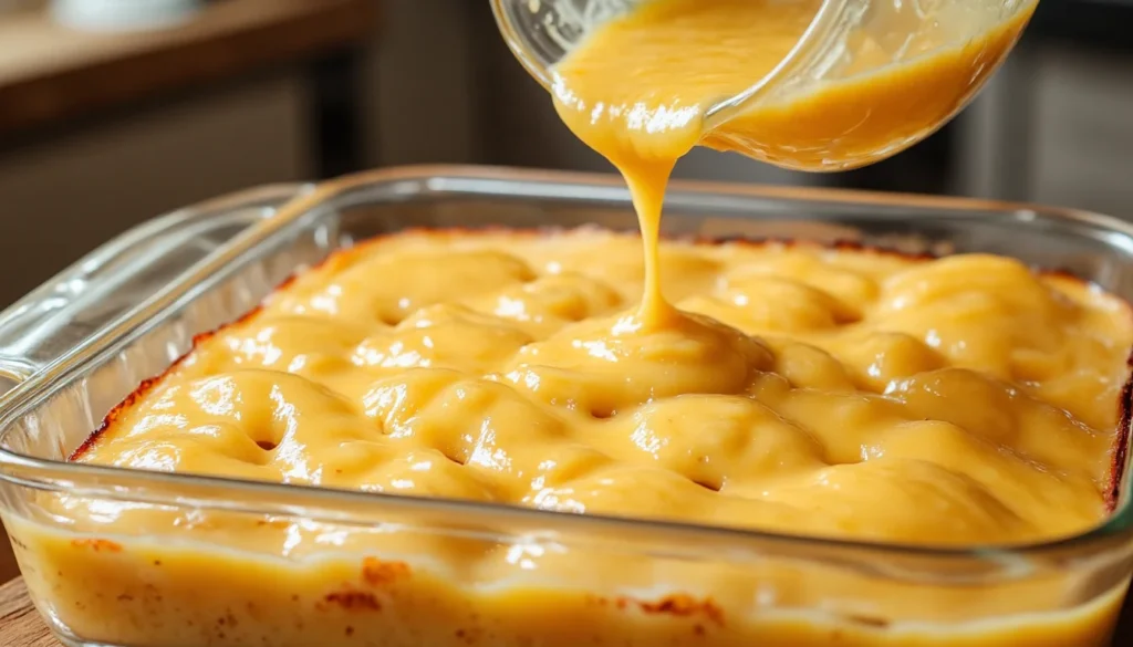 Thick butterscotch pudding being poured over a warm poke cake, filling the holes and covering the top.