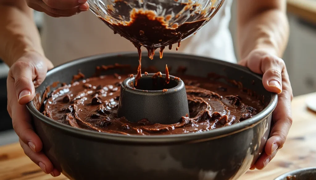 Hands holding a bundt pan while chocolate fudge batter is poured in, dotted with chocolate chips.