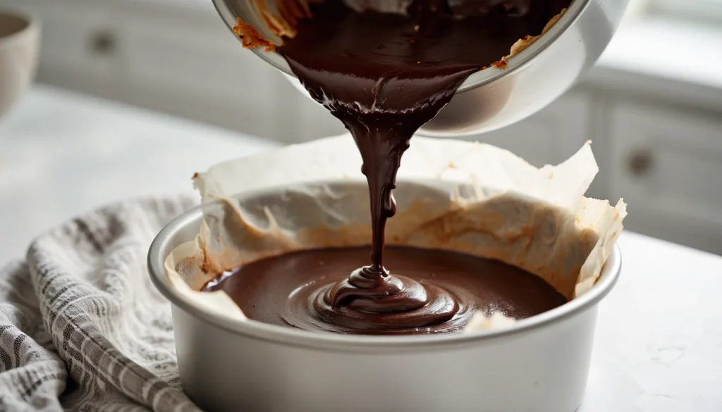 Thin chocolate cake batter being poured into lined round cake pan