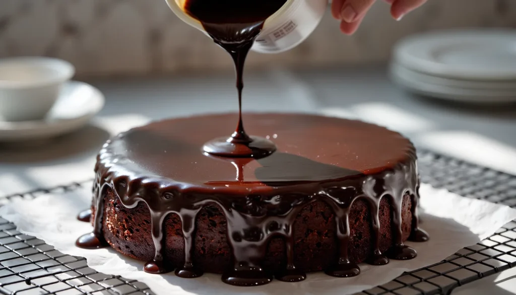 Thick chocolate ganache being poured over cooled chocolate cake and dripping down sides