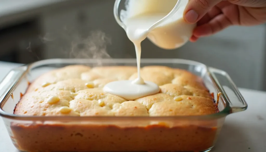 Warm vanilla snack cake in a glass pan with steam rising as sweet glaze is poured over the top.