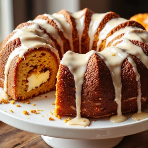 Moist pumpkin Bundt cake with a cream cheese filling and vanilla glaze, sliced to show the soft interior, surrounded by mini pumpkins and cinnamon sticks.