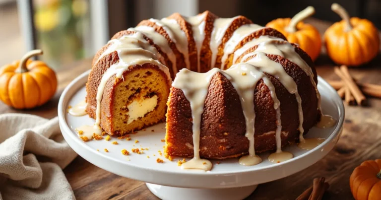 Moist pumpkin Bundt cake with a cream cheese filling and vanilla glaze, sliced to show the soft interior, surrounded by mini pumpkins and cinnamon sticks.