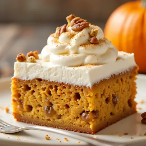 Slice of moist pumpkin poke cake topped with whipped cream, pecans, and cinnamon, served on a white plate with pumpkins in the background.
