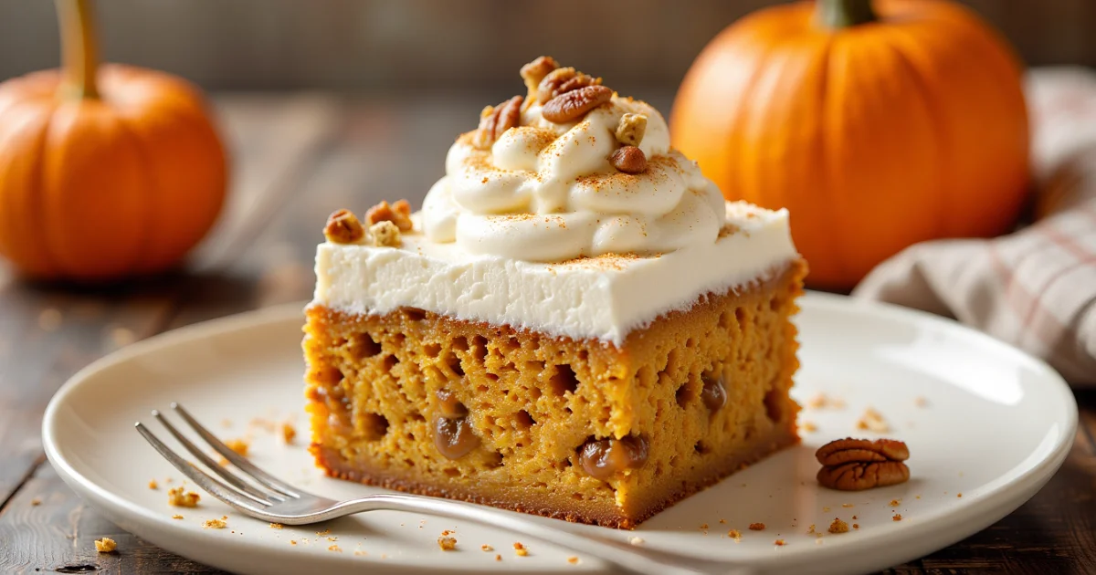 Slice of moist pumpkin poke cake topped with whipped cream, pecans, and cinnamon, served on a white plate with pumpkins in the background.
