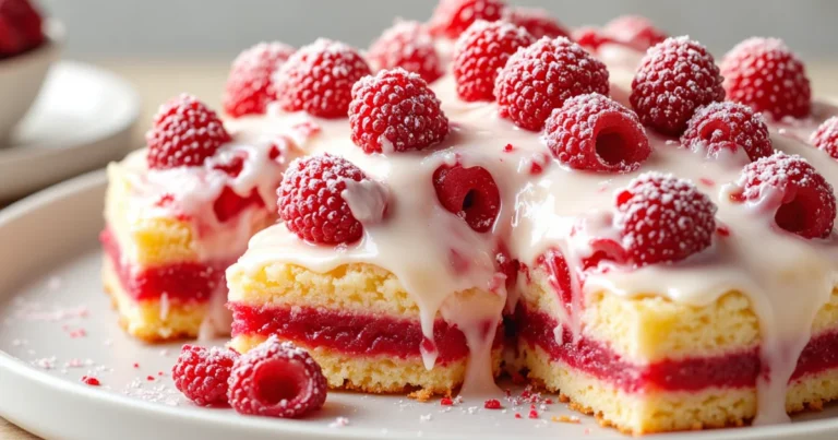 Raspberry poke cake bars glazed with vanilla icing and crowned with whole raspberries dusted in powdered sugar