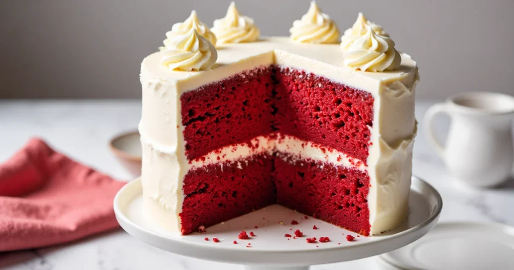 Tall, two-layer red velvet cake with cream cheese frosting and piped swirls on top, one large slice removed to show vibrant red crumb and creamy middle.