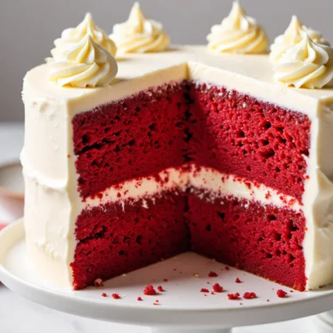 Tall, two-layer red velvet cake with cream cheese frosting and piped swirls on top, one large slice removed to show vibrant red crumb and creamy middle.