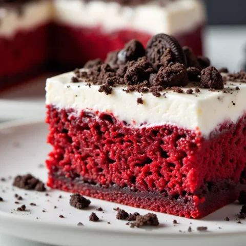 Slice of red velvet poke cake topped with creamy cheesecake pudding, whipped topping, and crushed Oreo cookies, served on a white plate.