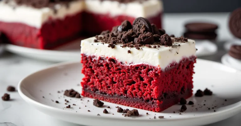 Slice of red velvet poke cake topped with creamy cheesecake pudding, whipped topping, and crushed Oreo cookies, served on a white plate.