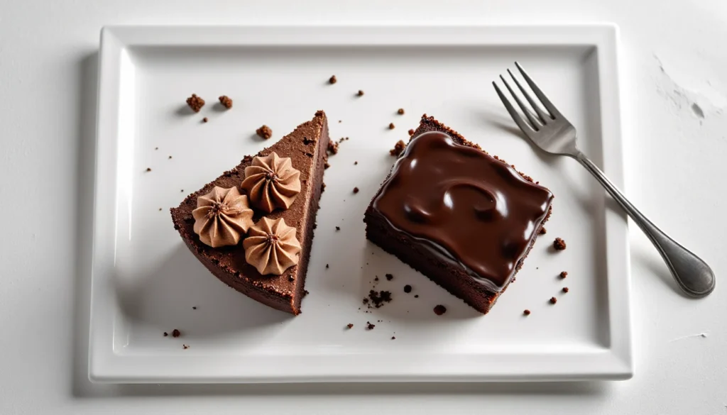 Two simple chocolate cakes side by side one frosted with fluffy buttercream and one with glossy ganache