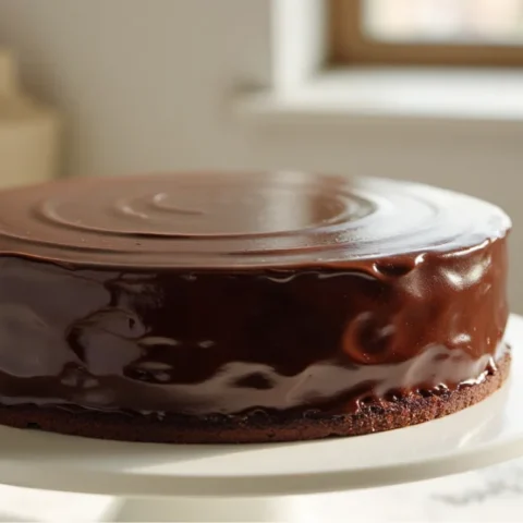 Single-layer chocolate cake fully covered in glossy chocolate ganache, set on a white cake stand with no slices or interior visible.