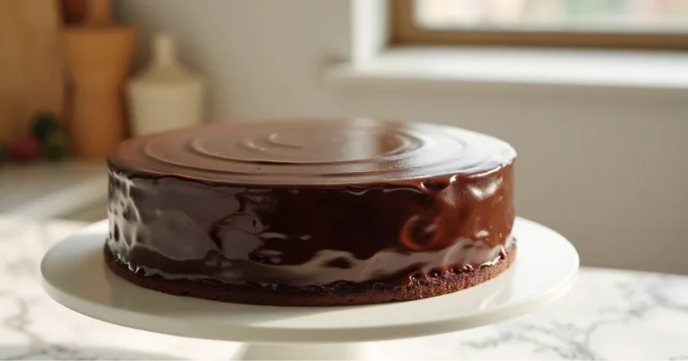 Single-layer chocolate cake fully covered in glossy chocolate ganache, set on a white cake stand with no slices or interior visible.