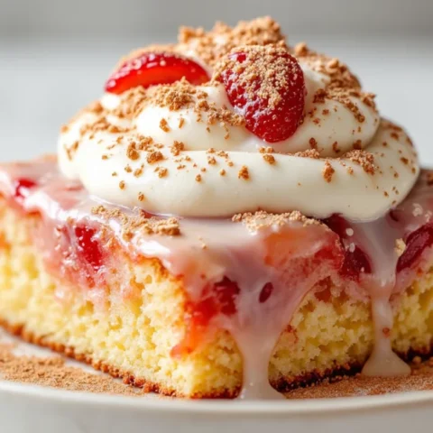 Square slice of Tres Leches Poke Cake on a white plate with whipped cream and strawberry garnish