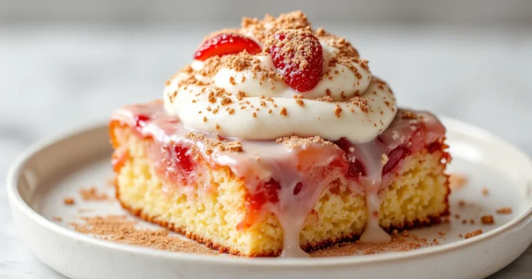 Square slice of Tres Leches Poke Cake on a white plate with whipped cream and strawberry garnish