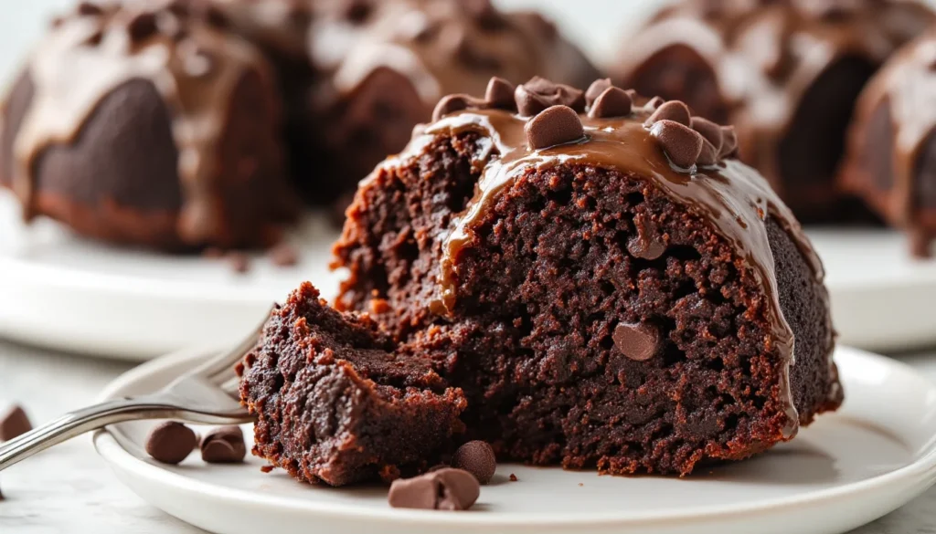 Close-up of a single slice of moist chocolate bundt cake topped with ganache and chocolate chips on a plate.