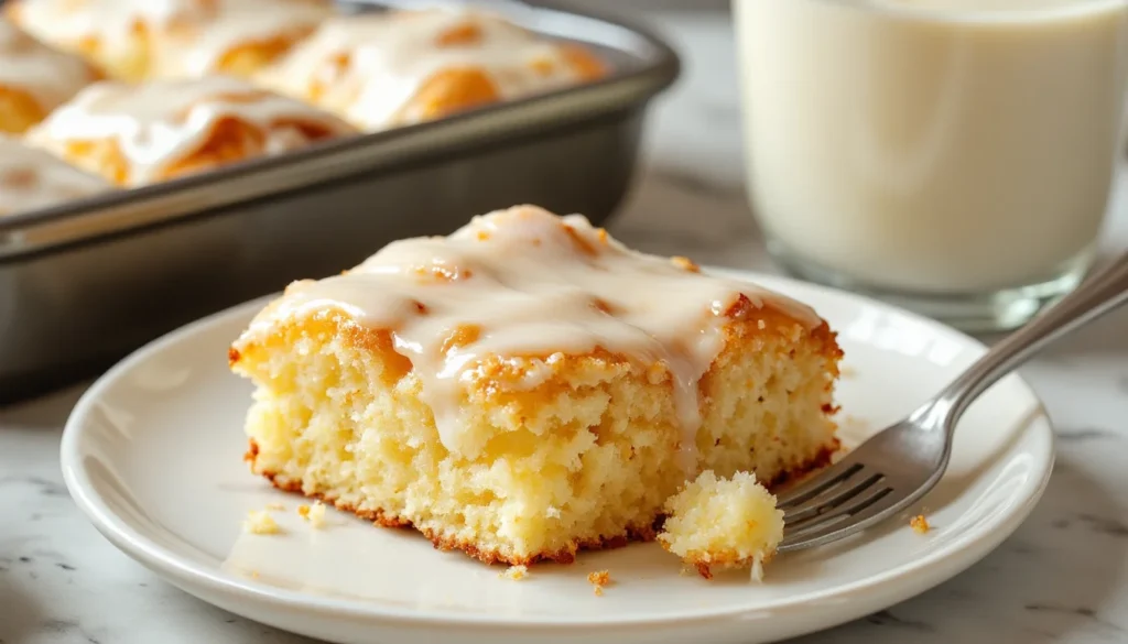 Close up of a single square of moist vanilla snacking cake with glaze on a plate, with a glass of milk in the background.