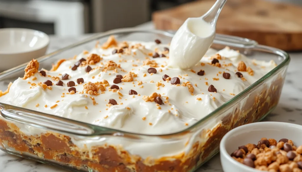 Glass pan of butterscotch poke cake topped with whipped topping while a spoon smooths it out and toffee pieces and chocolate chips are scattered on top.