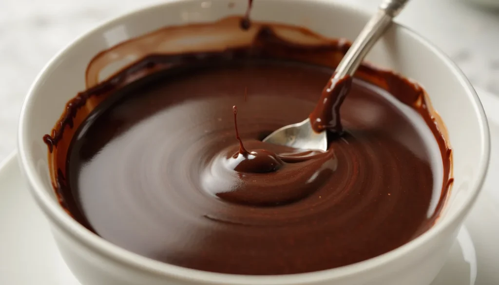 Close up of smooth chocolate ganache being stirred with a spoon in a white bowl for easy one bowl chocolate cake