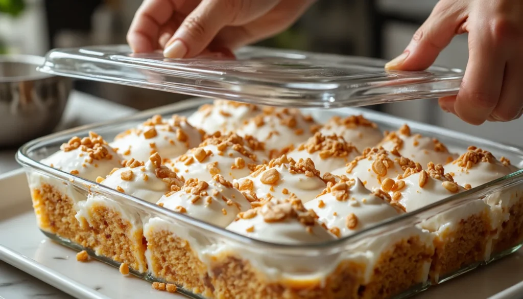 Hands placing a glass lid over a pan of sliced butterscotch poke cake topped with whipped cream and toffee bits, ready for the fridge.