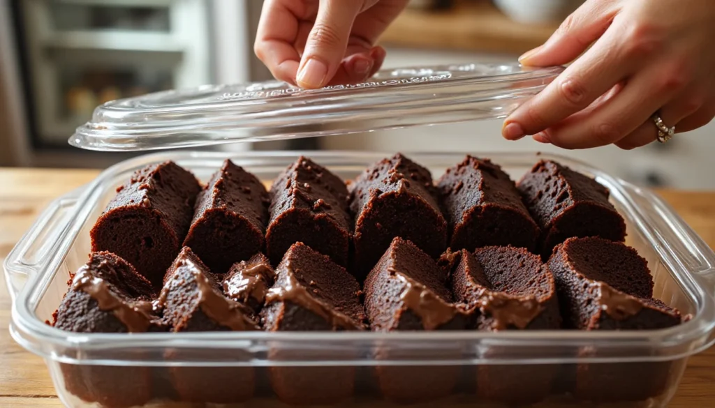 Several slices of chocolate fudge bundt cake arranged in a clear airtight container, lid being closed for storage.