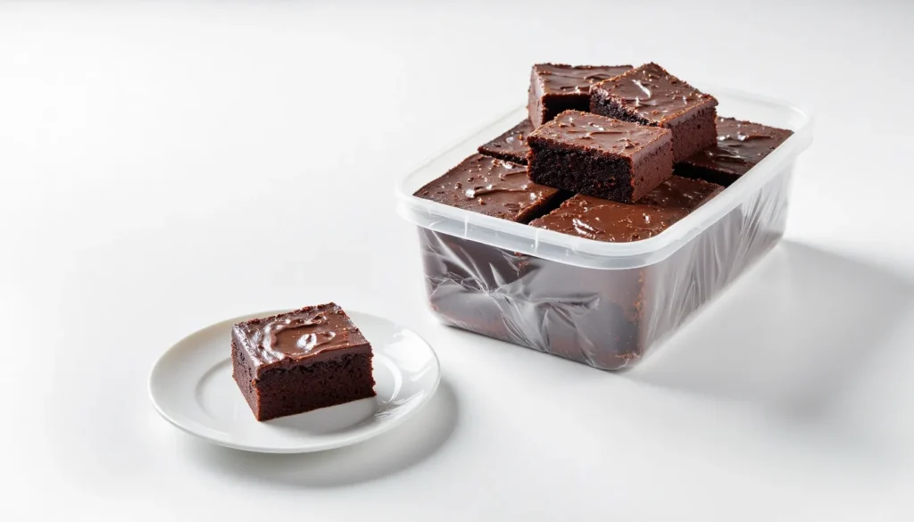 Slices of chocolate cake wrapped individually in plastic and stacked in a freezer-safe container