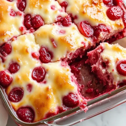 Slice being lifted from a strawberry cheesecake dump cake, showing red fruit and golden crust in a 9Ă—13 dish.