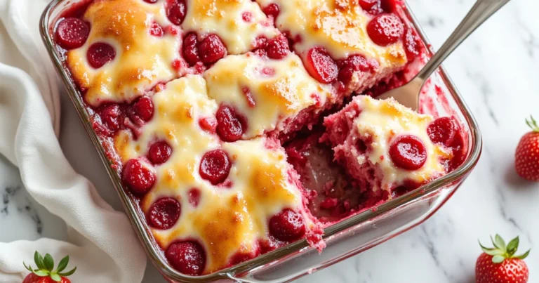 Slice being lifted from a strawberry cheesecake dump cake, showing red fruit and golden crust in a 9×13 dish.