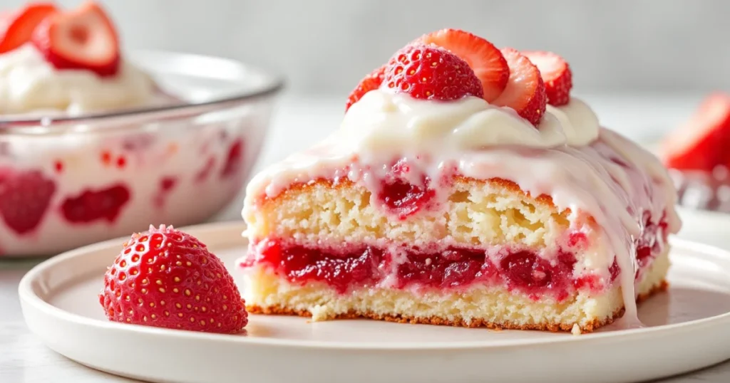 Vanilla strawberry poke cake slice layered with bright strawberry filling, creamy glaze, and fresh sliced berries