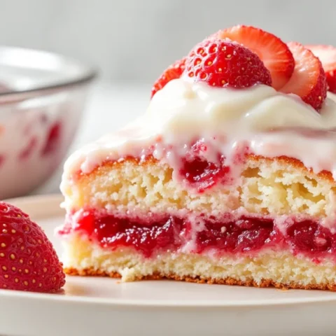 Vanilla strawberry poke cake slice layered with bright strawberry filling, creamy glaze, and fresh sliced berries