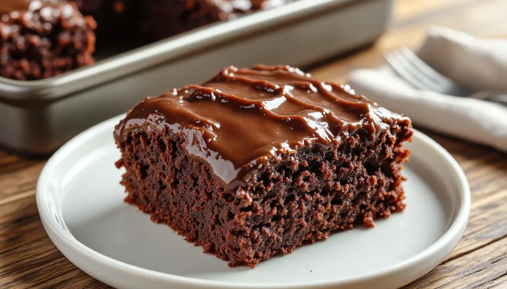 A slice of moist Texas sheet cake with glossy poured chocolate fudge frosting on a white plate.