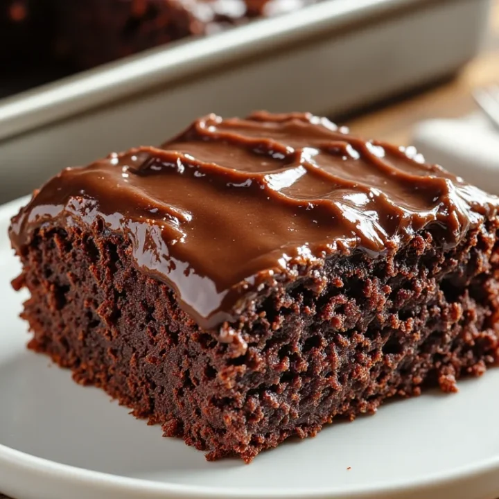 A slice of moist Texas sheet cake with glossy poured chocolate fudge frosting on a white plate.