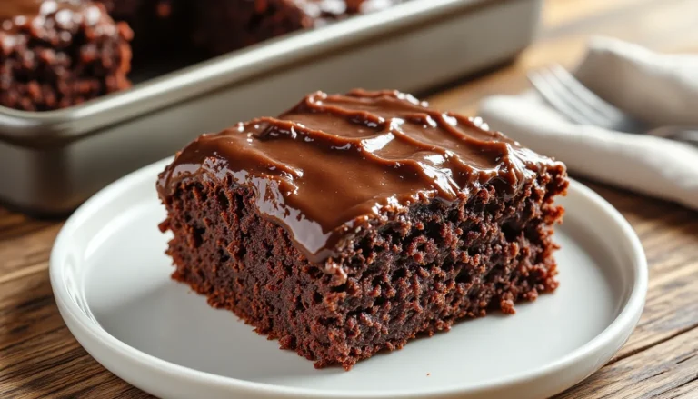 A slice of moist Texas sheet cake with glossy poured chocolate fudge frosting on a white plate.